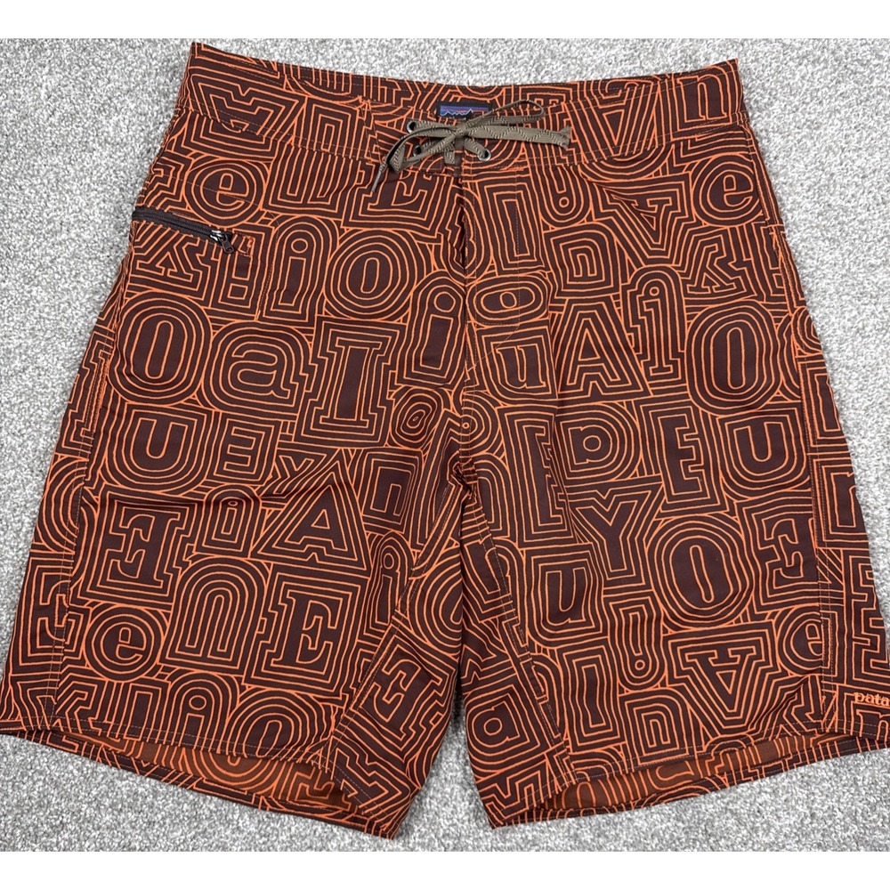 Patagonia Swim Trunks Men's 33 Orange Graphic Nylon Surf‎ Beach Shorts
